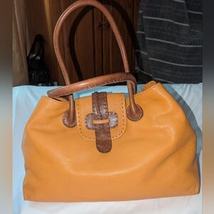 Carla Mancini Yellow Leather Satchel with Brown Trim